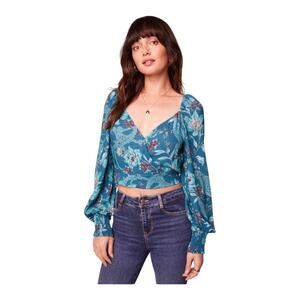 Band Of The Free NWT Sybille Flirty V Neck Wrap Front Teal Floral Crop Top Small